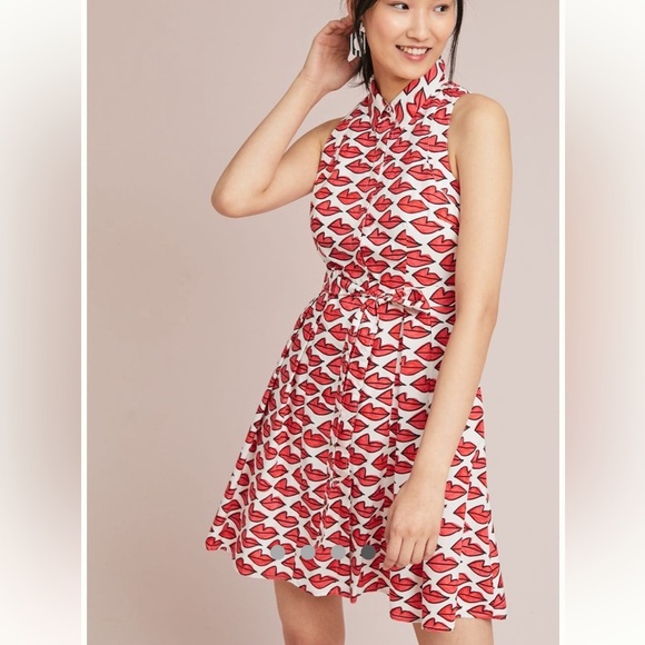 Anthropologie Red Smooch Dress. All Over Red Lip Design. Button Front. Pockets. - Picture 8 of 16